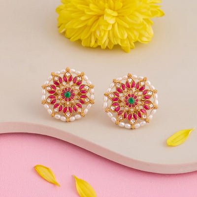 Ethnic Jadau Kundan Stud Earrings With Pearl Bordering