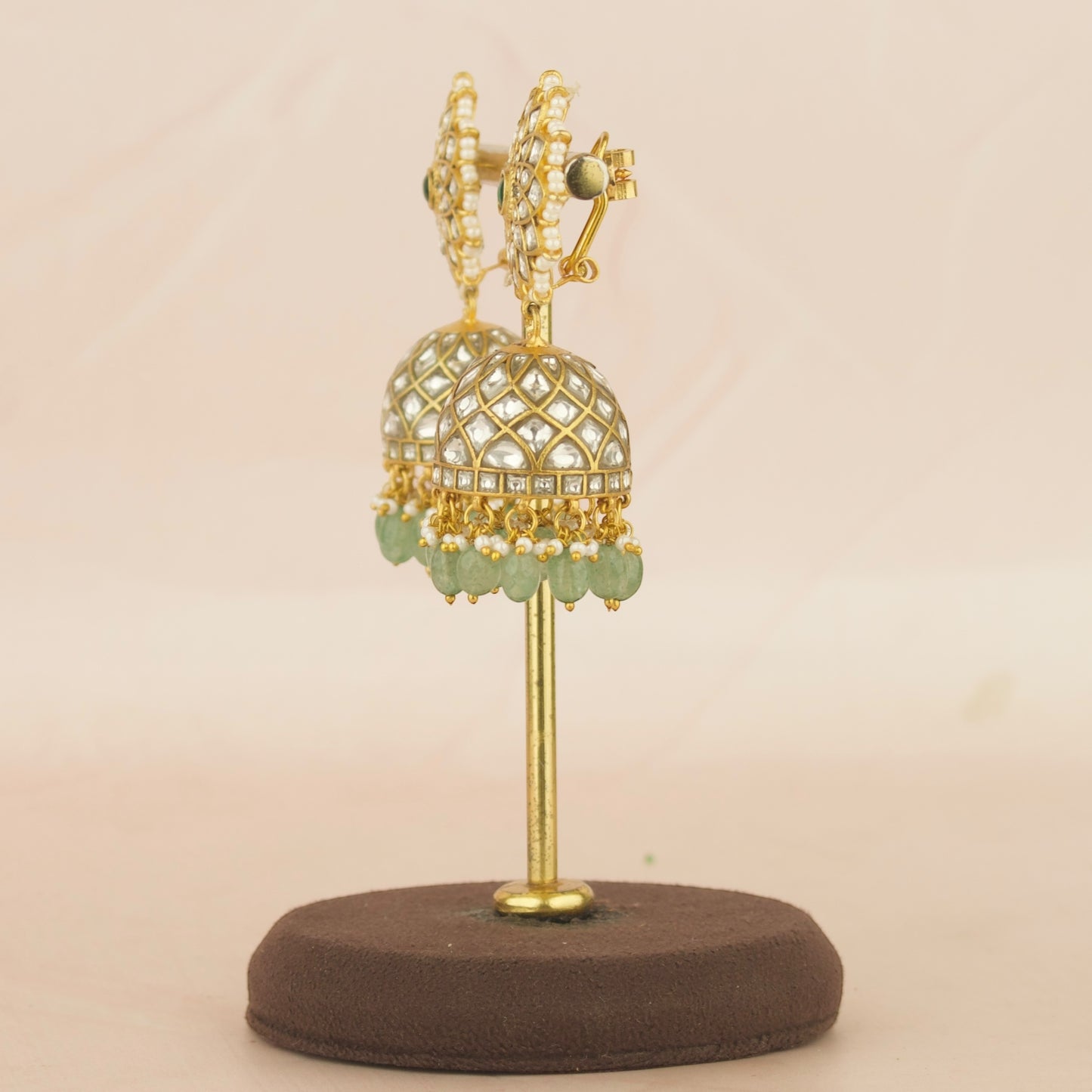 Gold inspired Floral Studded Jadau Kundan Jhumki with Beads