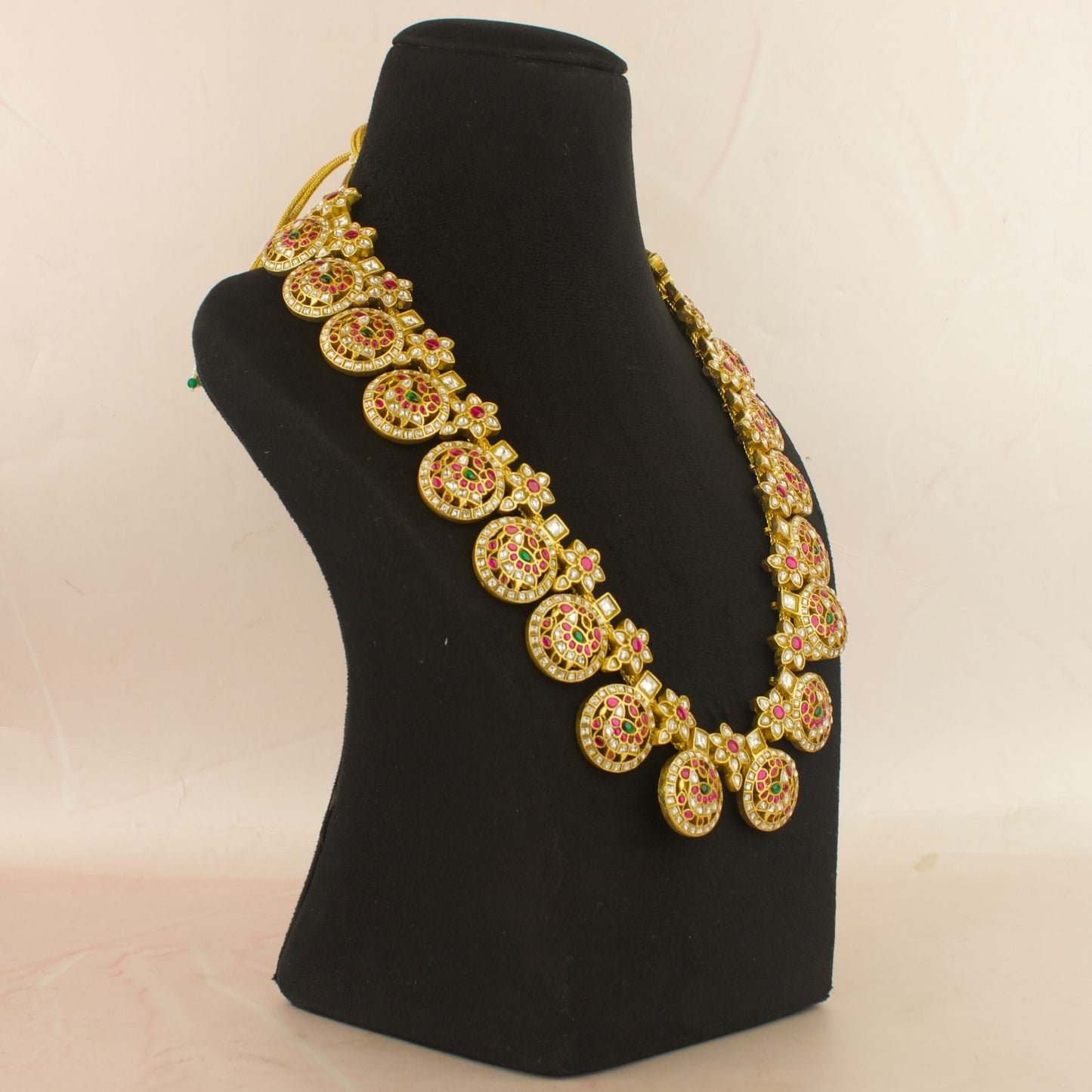 Traditional Jadau Kundan Long Bottumala Haram With Peacock Carving