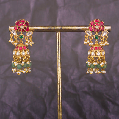 Ethnic Jadau Kundan Jhumki Earrings With Green Hangings