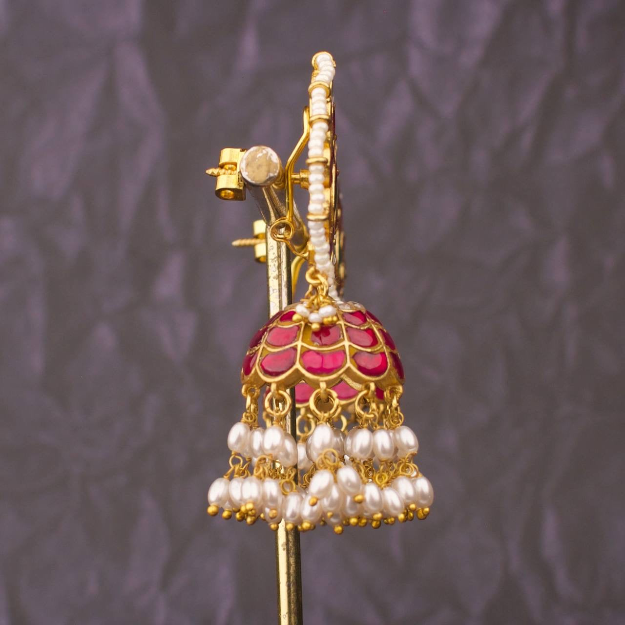 Floral Studded Jadau Kundan Jhumki With Ricepearl Hangings