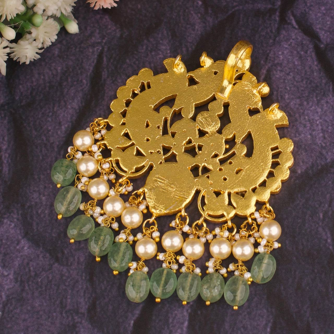 Gold Design Jadau Kundan Pendant With Guttapusalu Hangings