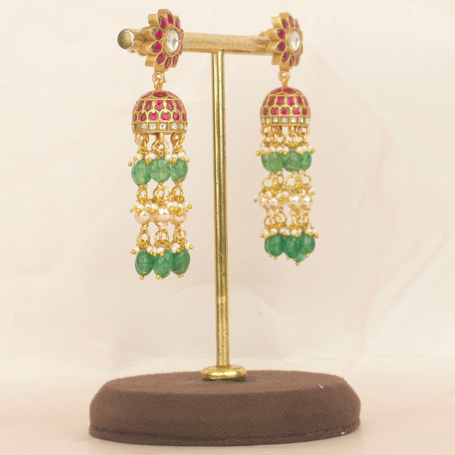 Jadau Kundan Jhumki In Floral Design With Swarovski Pearls Hanging