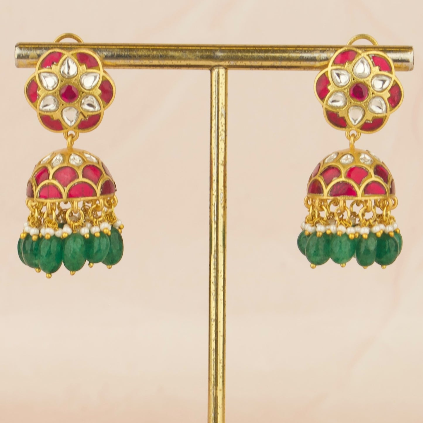 Floral Design Studded Jadau Kundan Jhumki with Green Beads
