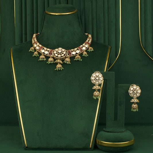 Traditional Fusion Victorian Polki Necklace With Hanging Earrings