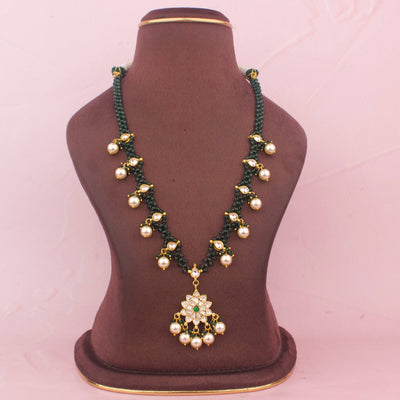Simple Green Beaded Jadau Kundan Pearl Necklace With Floral Pendant