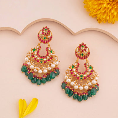 Bridal Jadau Kundan Chandbali Earrings With Emerald Drops
