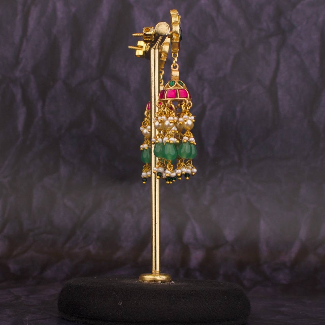 Floral Studded Jadau Kubdan Hanging Jhumki Earrings