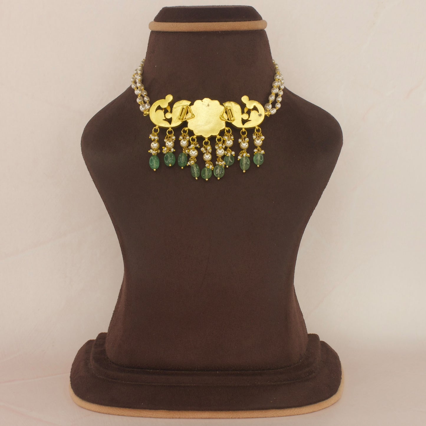 Gold Plated Kundan Choker with Rice Pearls and Peacock Moti