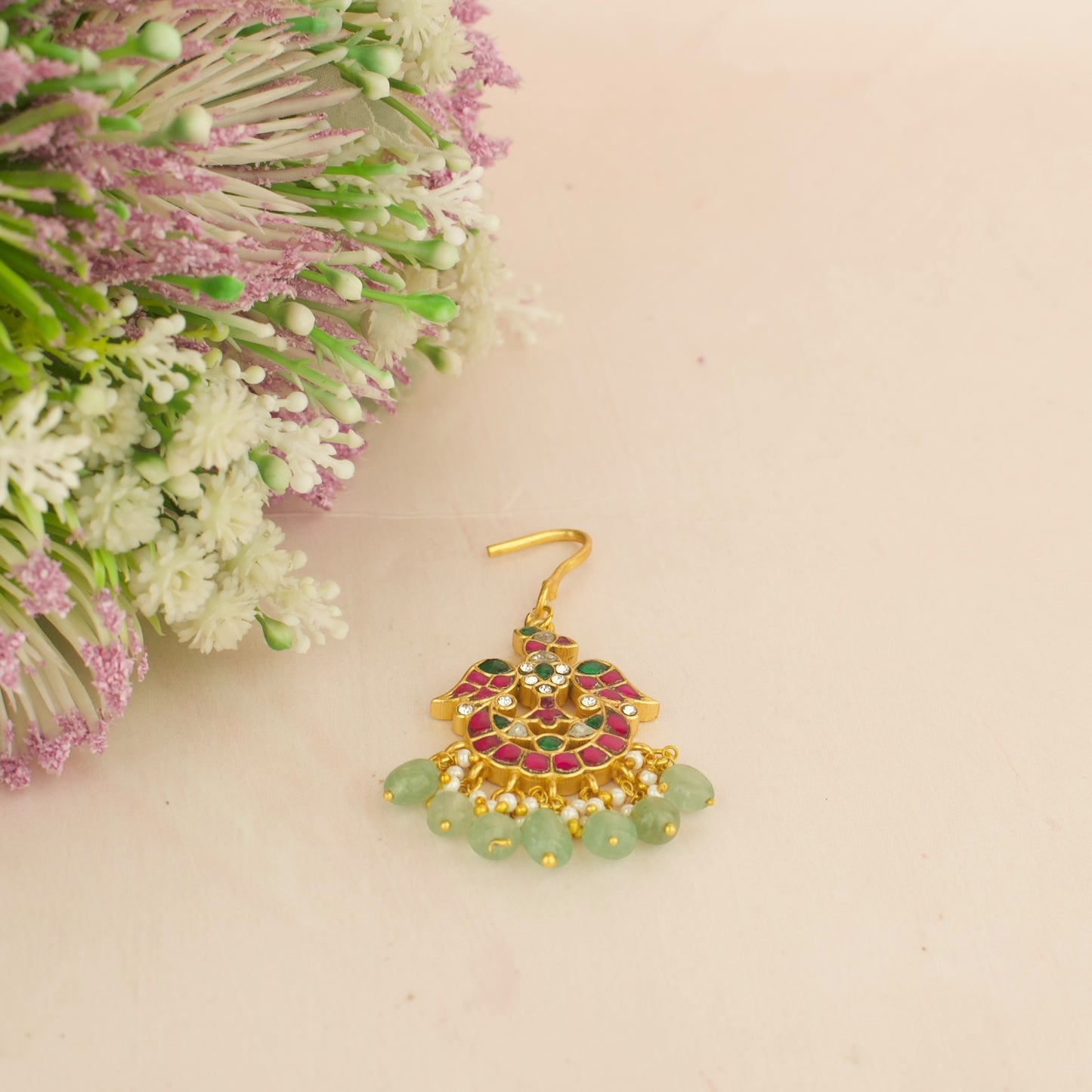 Peacock Chandbali Design Jadau Kundan Mangtikka with Green Beads Hanging