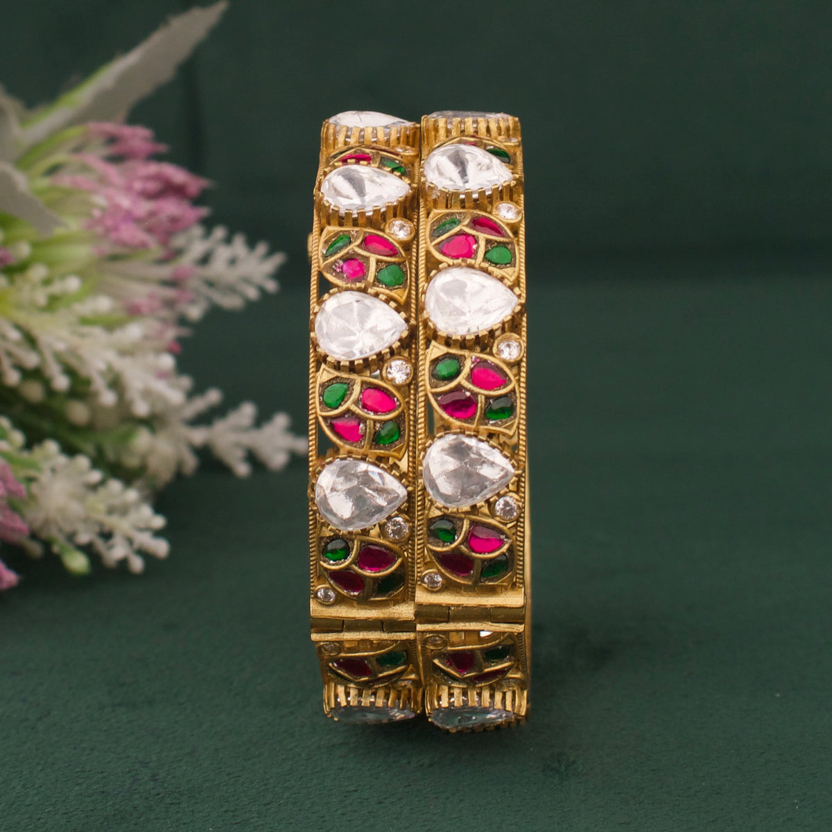 Handcrafted detail view of Elegant Victorian Polki Bangles With Ruby And Emerald Leaf Design