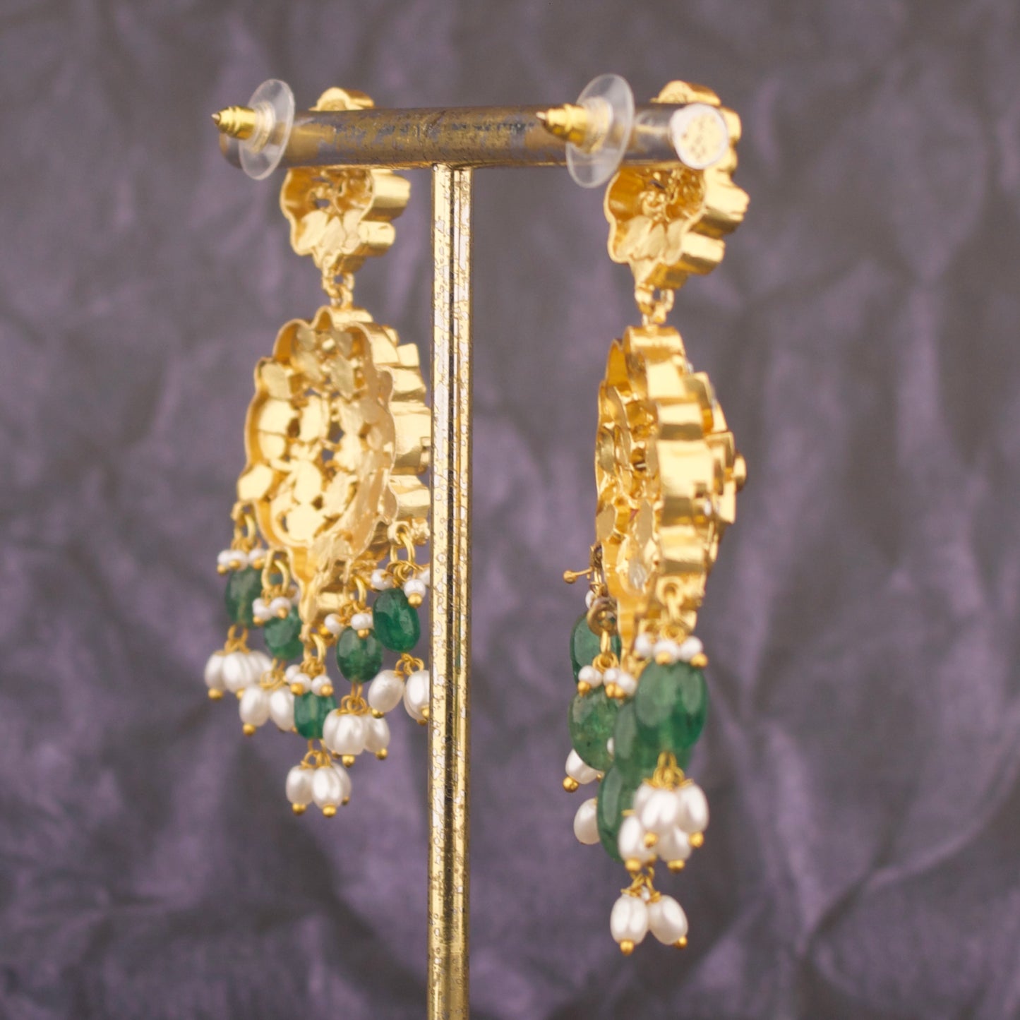 Antique Temple Laxmi Devi Jadau Kundan Earrings With Green Beads And Rice Pearls