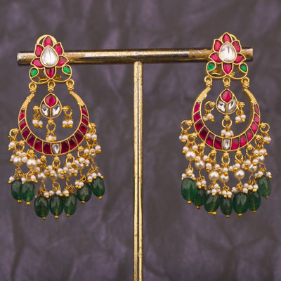 Refined Jadau Kundan Chandbali Earrings With Emerald Beads