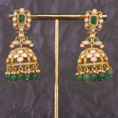 Unique Moissanite Polki Jhumki Earrings With Strawberry Beads - Handcrafted Indian Bridal Jewelry by Dulhan Jewels