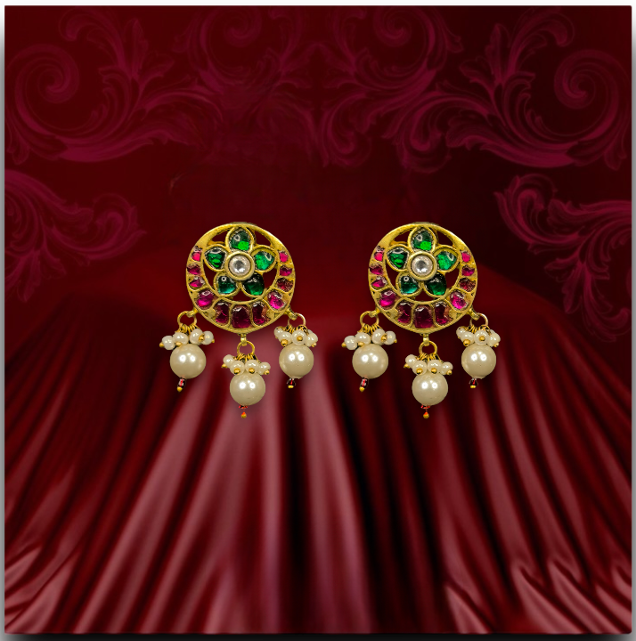 Intricate Flower Stud Earrings in Jadau Kundan with Pearls - DULHAN JEWELS
