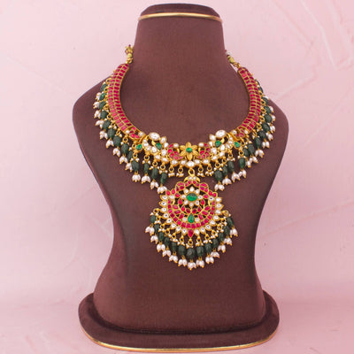 Gold Inspired Jadau Kundan Kanti Style Necklace With Beads Hangings
