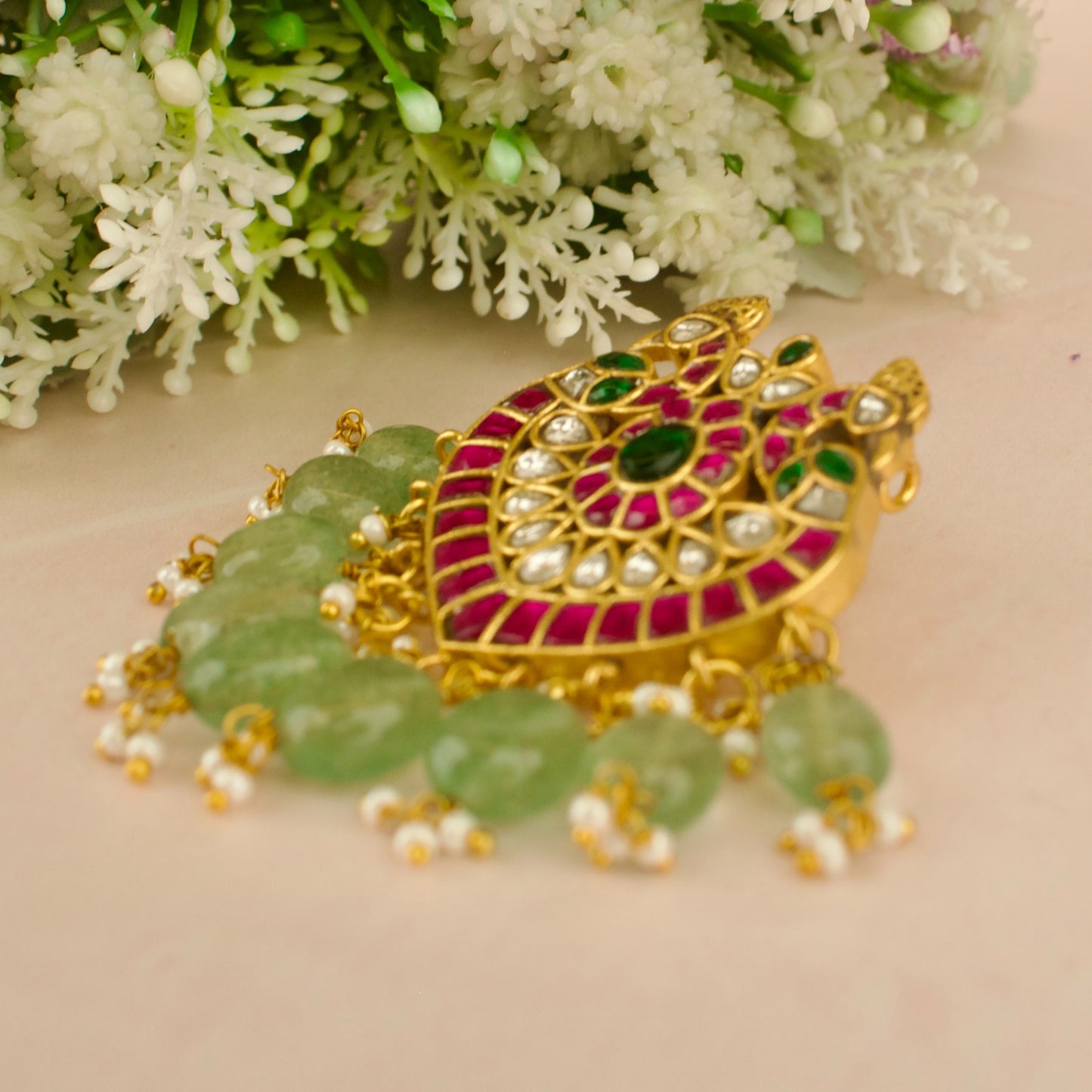 Glorious Peacock Design Jadau Kundan Locket with Green Beads