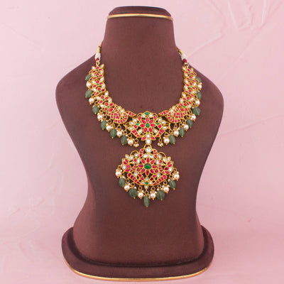 Traditional Jadau Kundan Necklace With Floral Pendant - Handcrafted Indian Bridal Jewelry by Dulhan Jewels