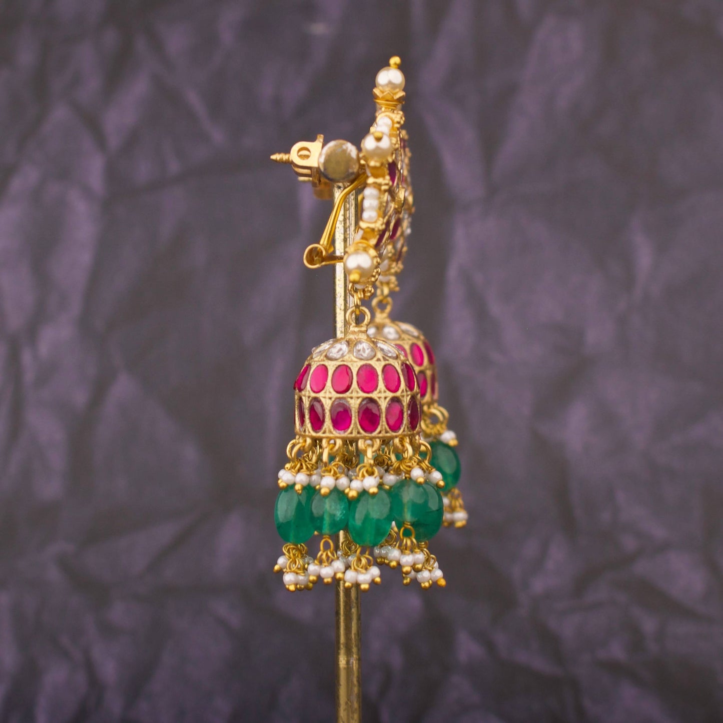 Graceful Jadau Kundan Jhumka Earrings With Green Beads