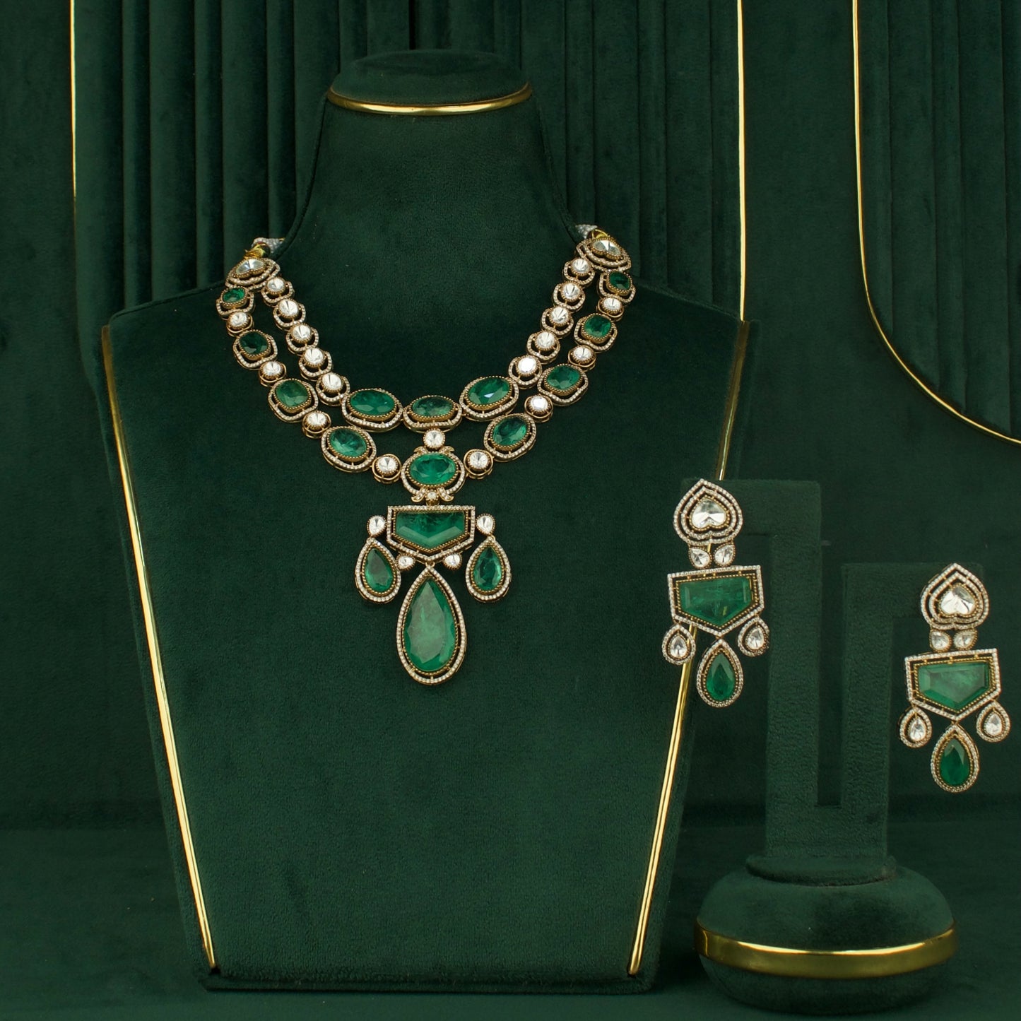 Dazzling Polki Mehandi Victorian double Layer Necklace with Matching Earrings