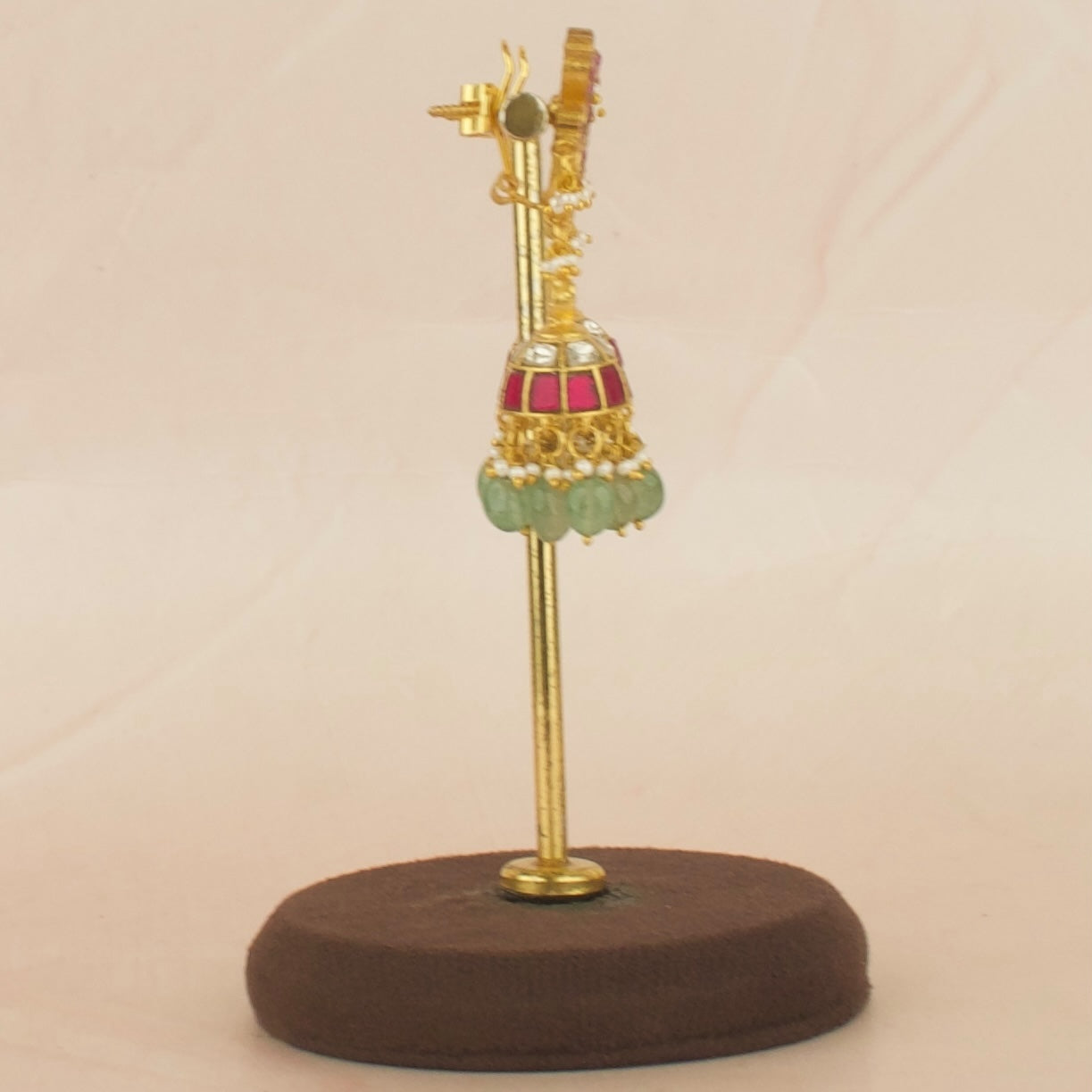 Peacock Design Studded Jadau Kundan Jhumki with Green Beads