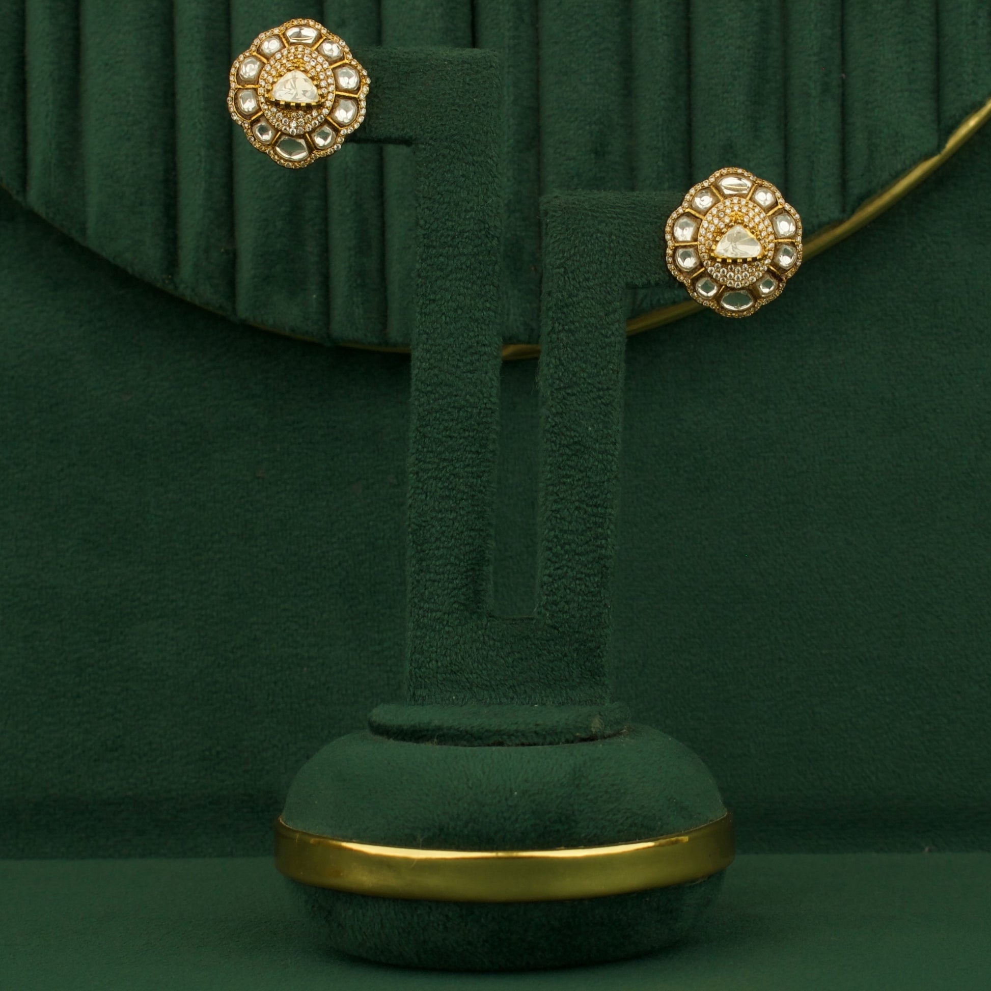 Triangle Flower Design Kundan Polki Stud Earrings