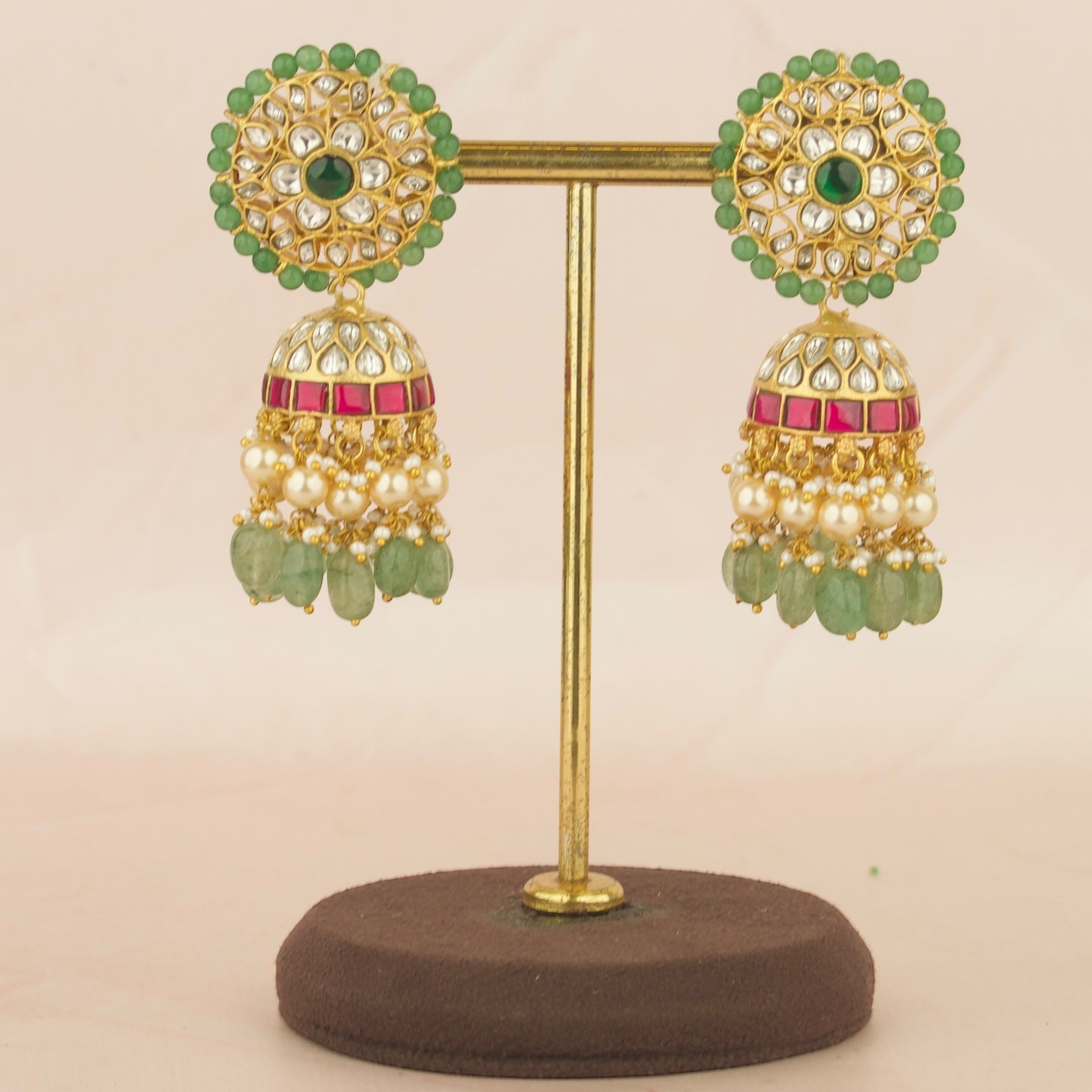 Bridal Floral Design Studded Jadau Kundan Jhumki with Green Beads