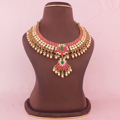 Gold Look Jadau Kundan Necklace With Drops - Handcrafted Indian Bridal Jewelry by Dulhan Jewels