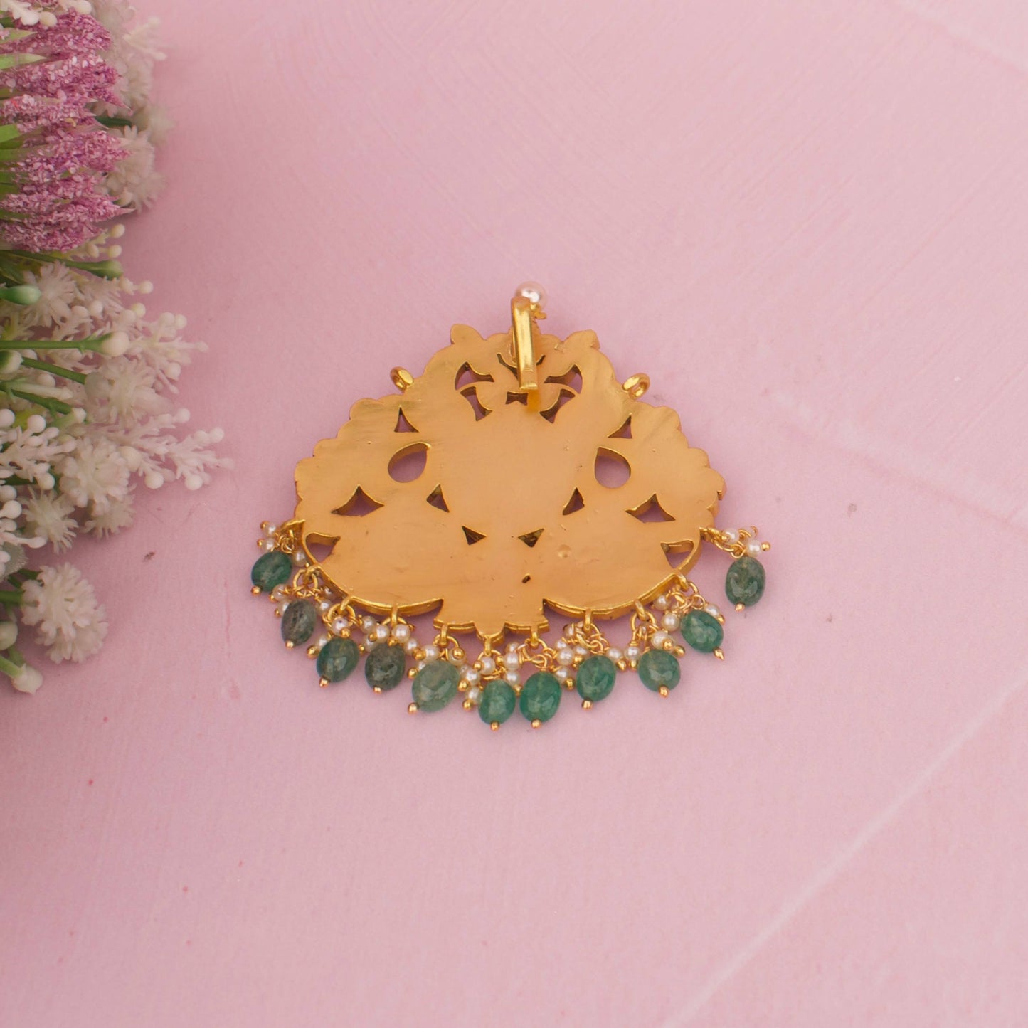 Traditional Multi Colour Jadau Kundan Pendant With Green Beads Hanging