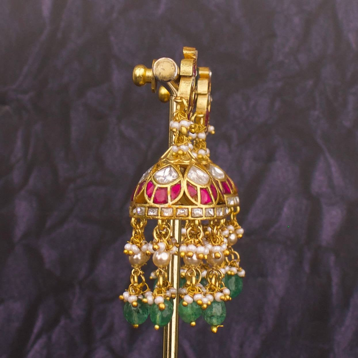 Unique Hand Crafted Jadau Kundan Jhumki With Pearl & Beads Droplet