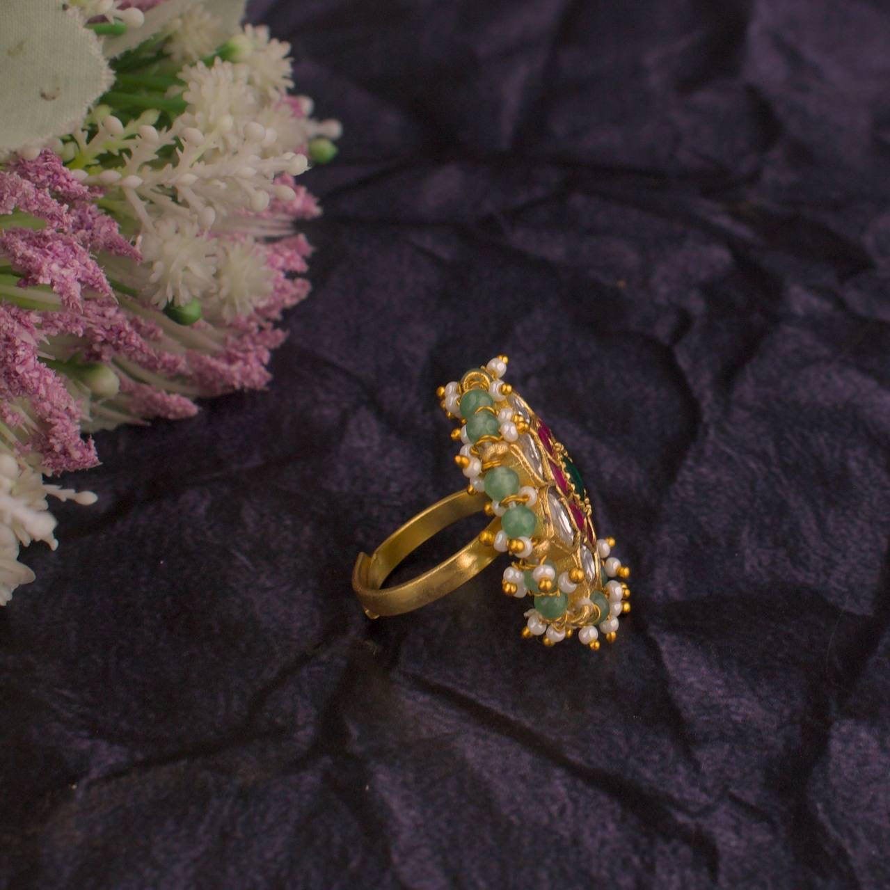 Floral Design Beads Border Jadau Kundan Finger Ring