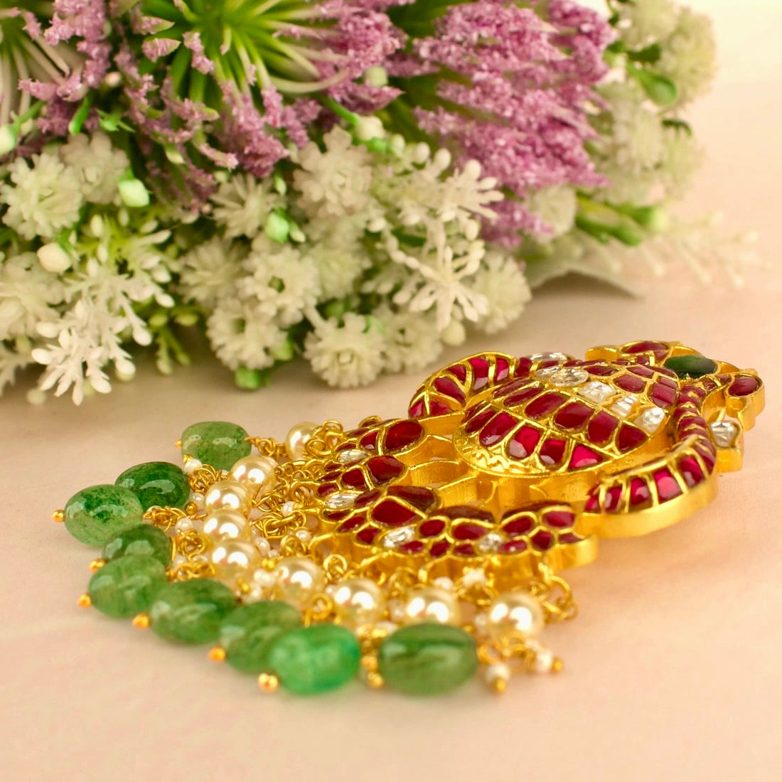 Statement Peacock Design Jadau Kundan Locket with Green Beads