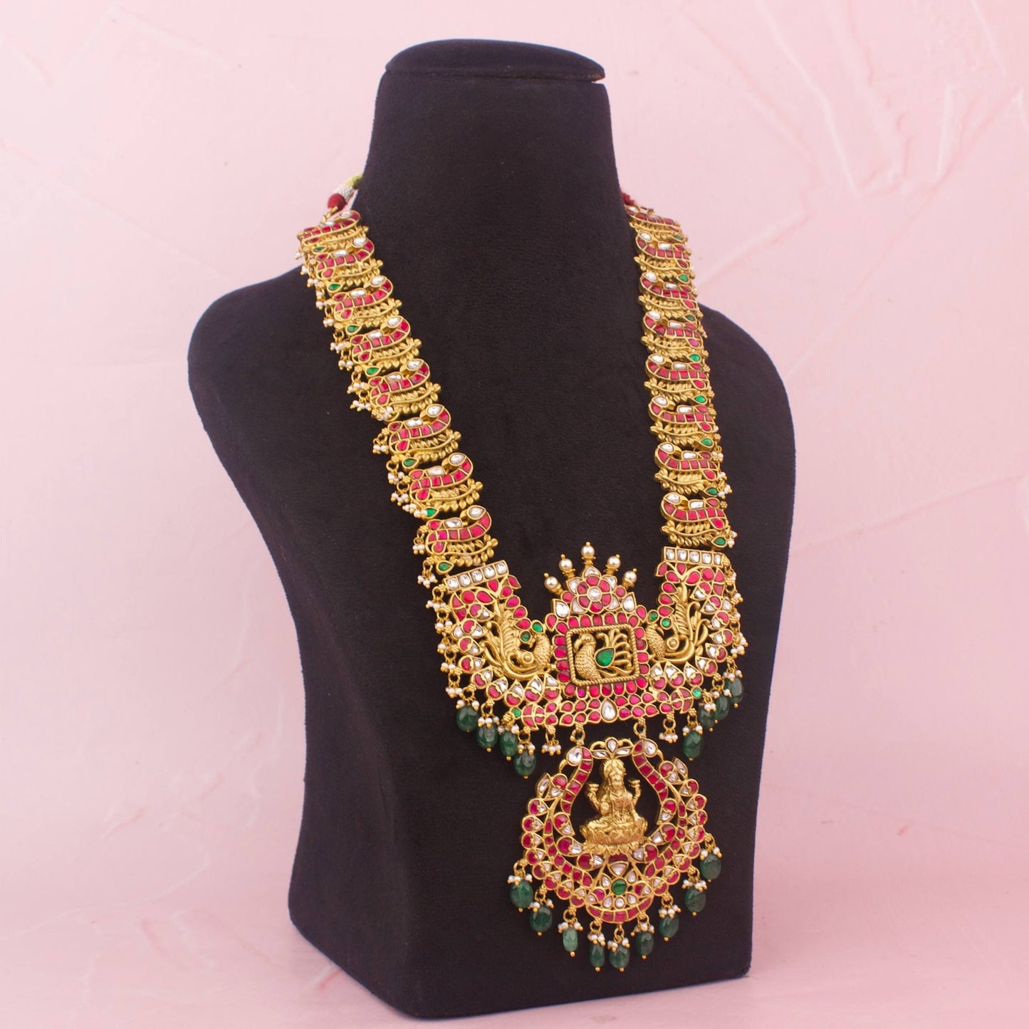 Bridal Lakshmi Haram Necklace With Peacock Design And Emerald Beads