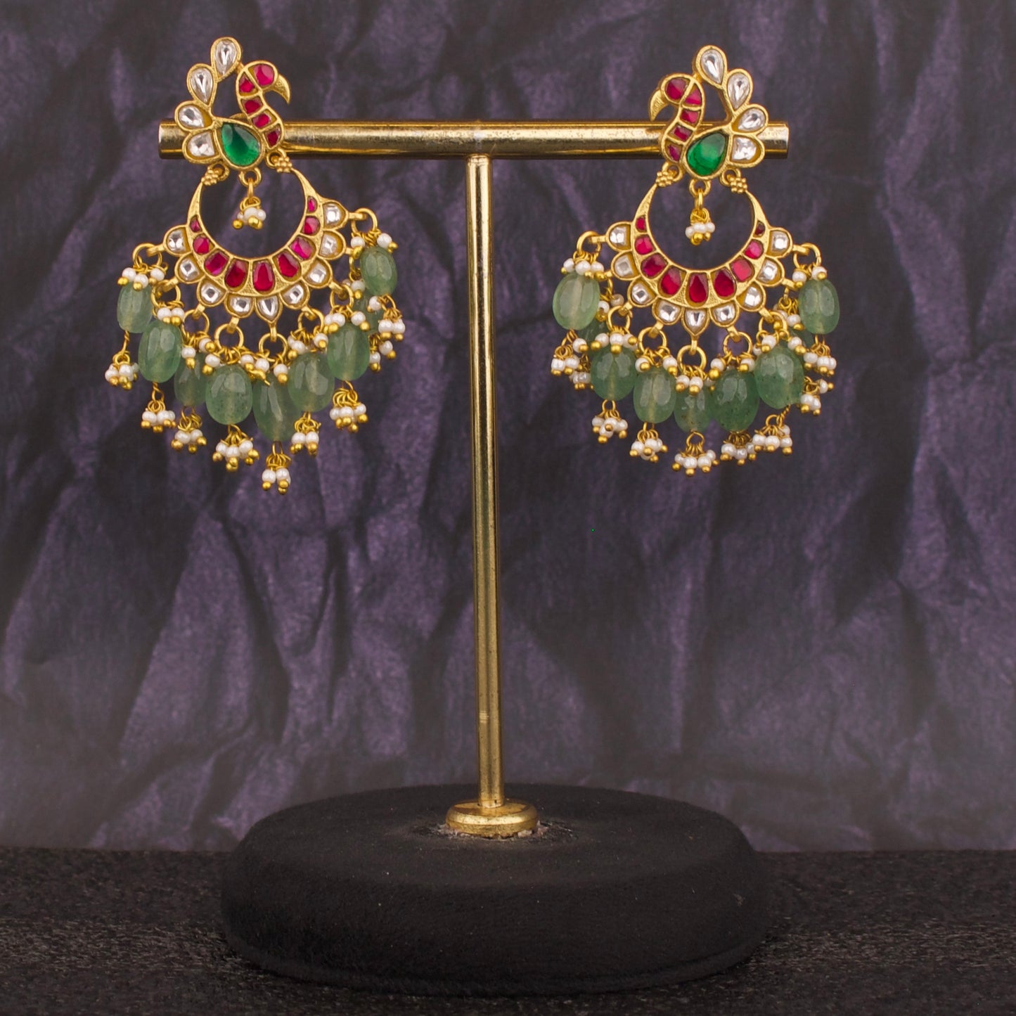 Elegant Peacock Design Jadau Kundan Chand Bali with Green Beads - DULHAN JEWELS