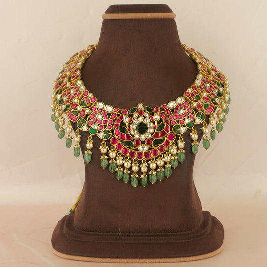 Grand Floral Design Jadau Kundan Necklace with Green Beads