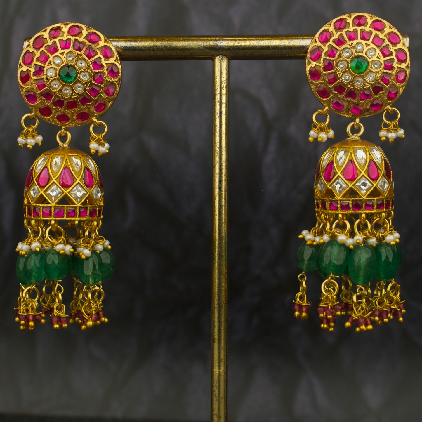Gold Inspired Floral Studded Jadau Kundan Jhumki with Guttapusalu Hangings