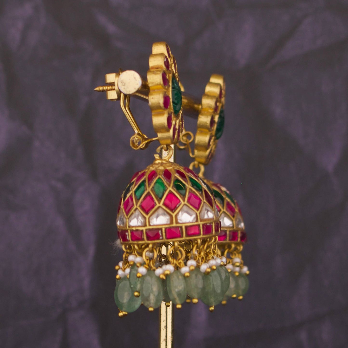 Impressive Design Jadau Kundan Jhumki with Green Beads