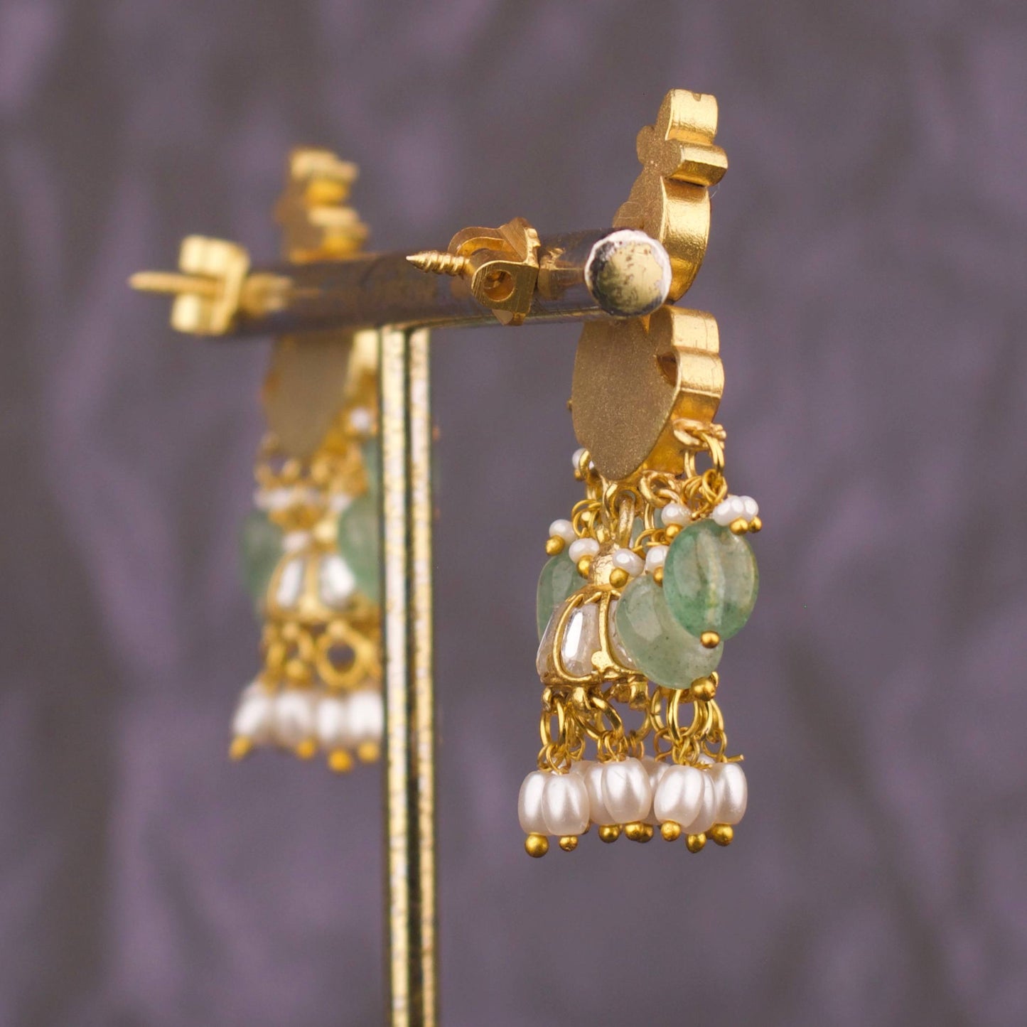 Designer Peacock Jadau Kundan Stud Jhumka Earrings With Pearl Drops