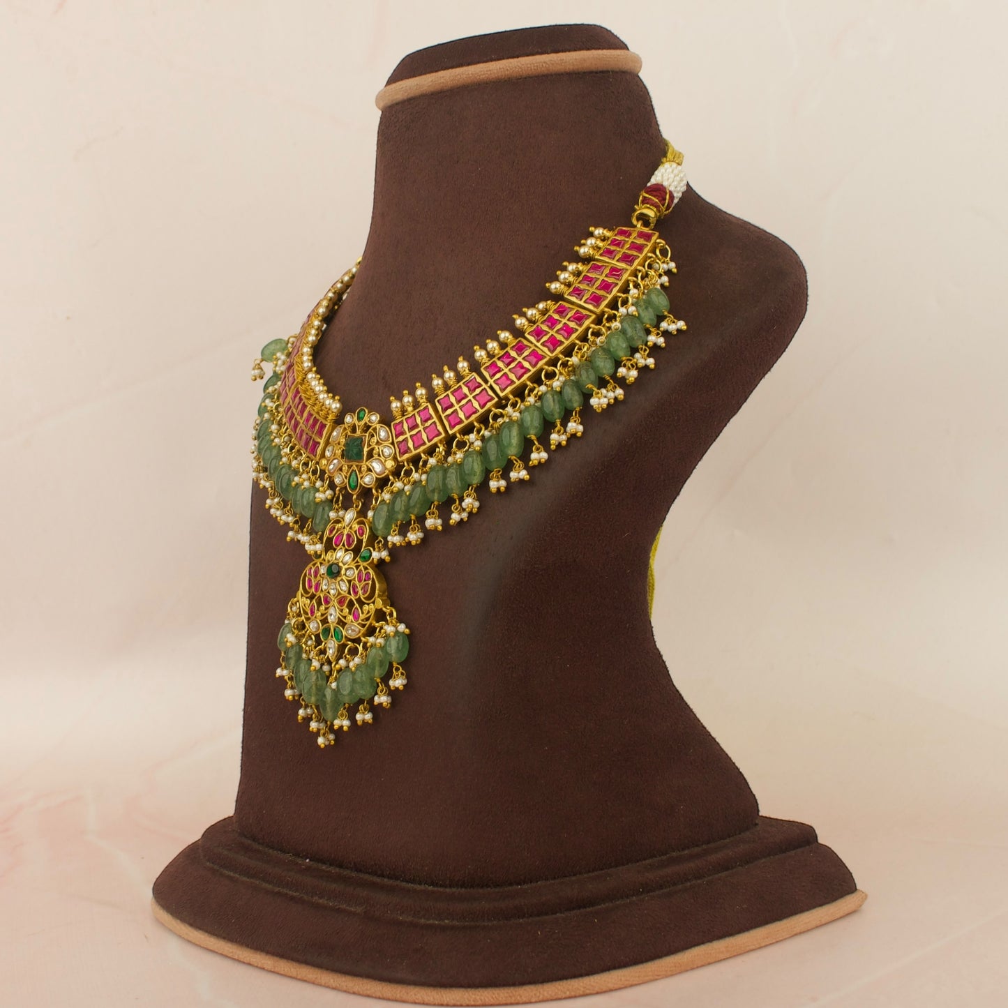 Sleek Jadau Kundan Necklace With Pearl & Bead Drop