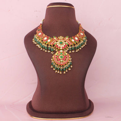 Elegant Floral Design Jadau Kundan Necklace With Pearl Hangings