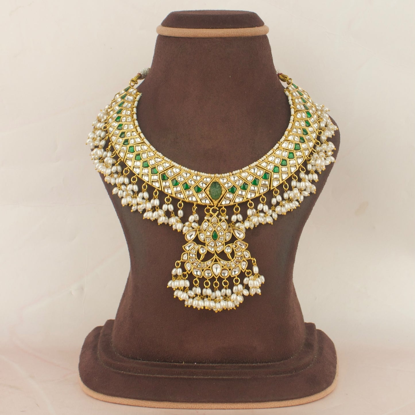 Grand Gold Style Jadau Kundan Necklace with White Beads