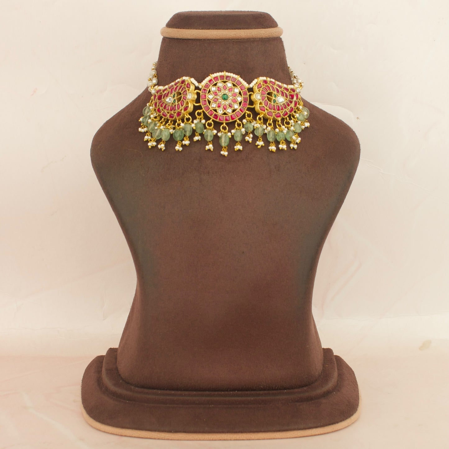 jadau kundan choker necklace with pink and green stones, gold-tone metal