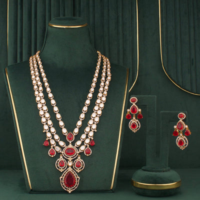 Elegant Victorian Ruby Red Kundan Necklace Set With Earrings