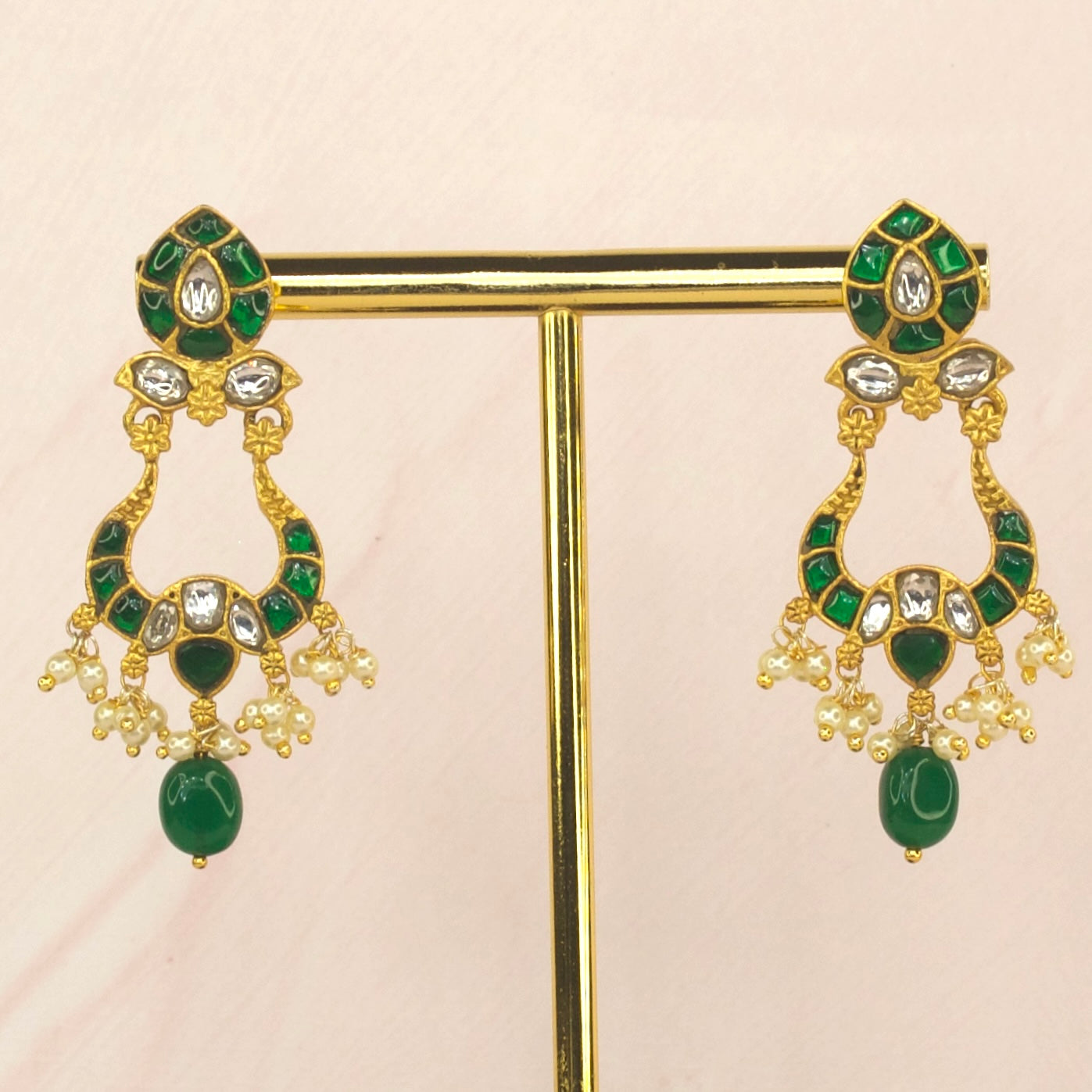 Exquisite Emerald Mango Jadau Kundan Chandbalis - DULHAN JEWELS