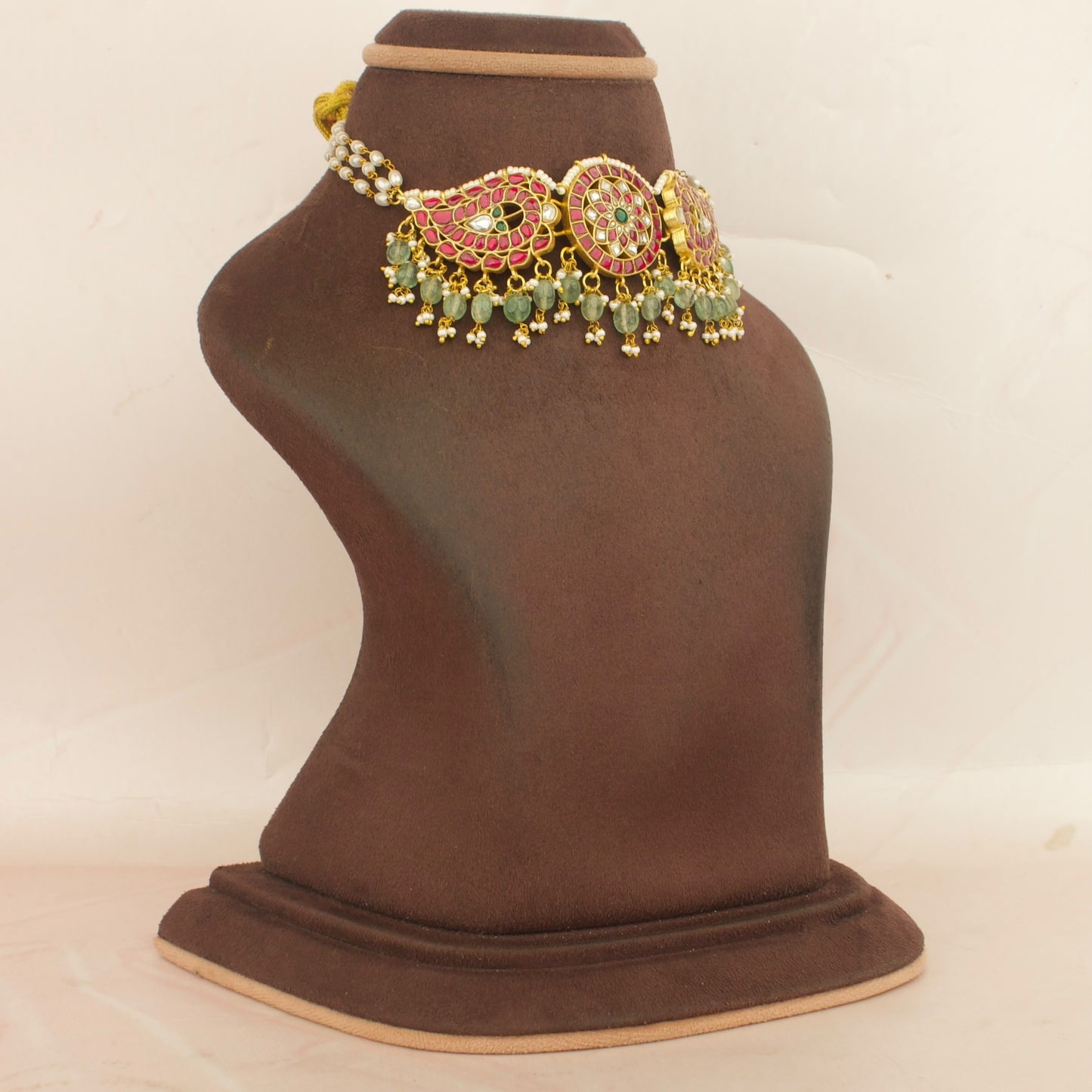 Jadau kundan choker necklace with pink and green stones and dangling beads