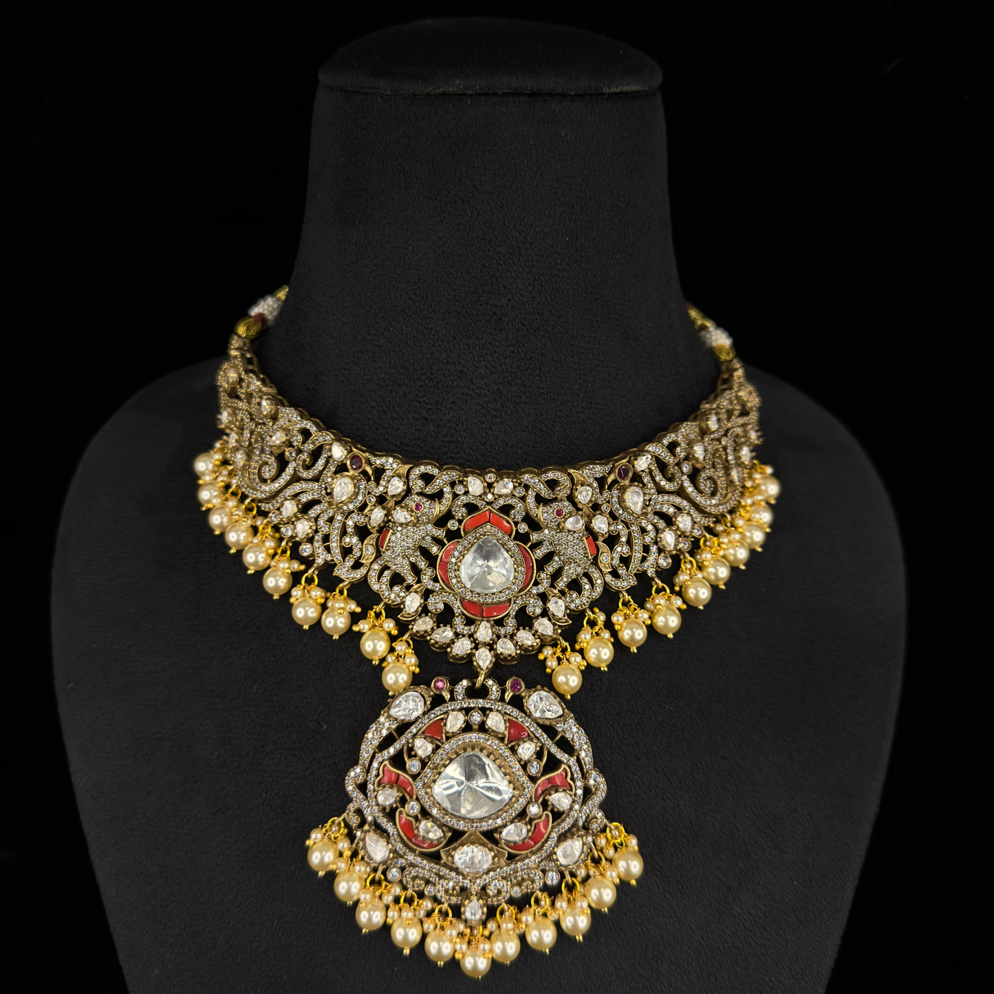 Victorian Moissanite Necklace Set with Pearl hangings