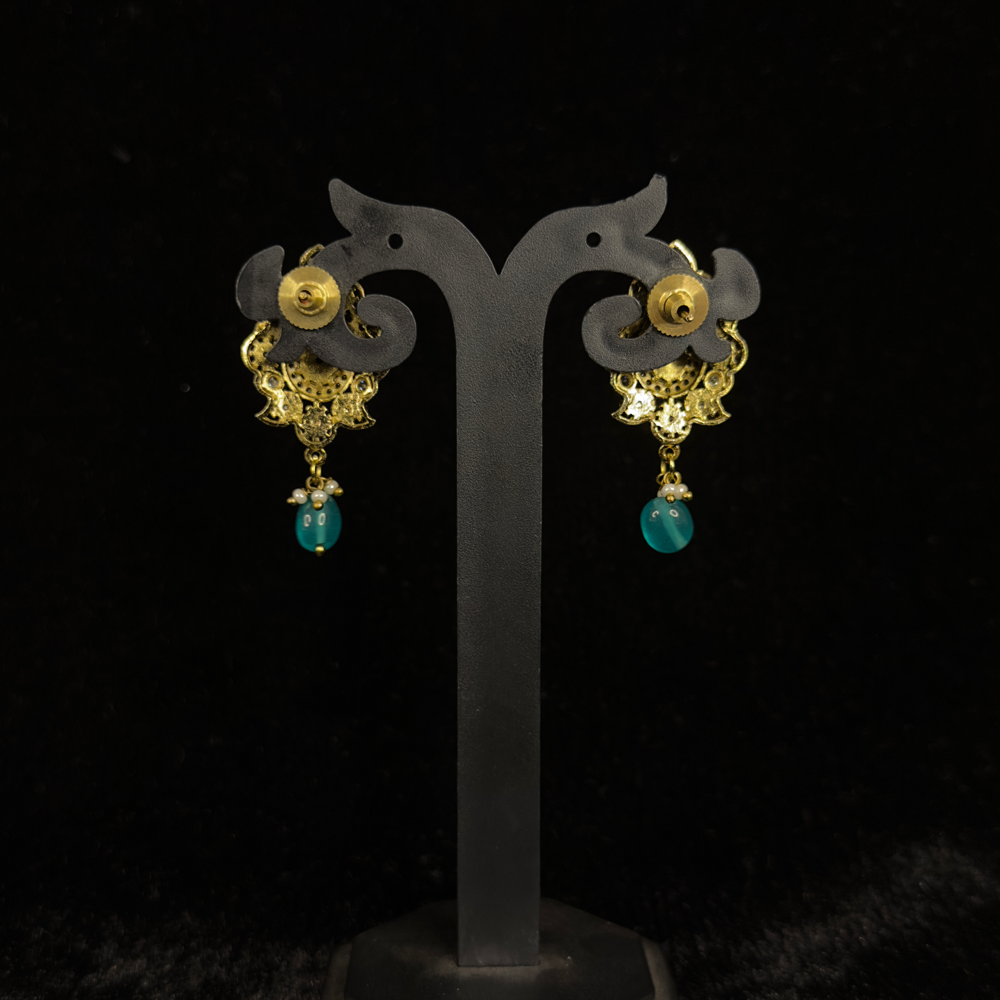Leaf Design Victorian Moissanite Studs with onyx beads drops