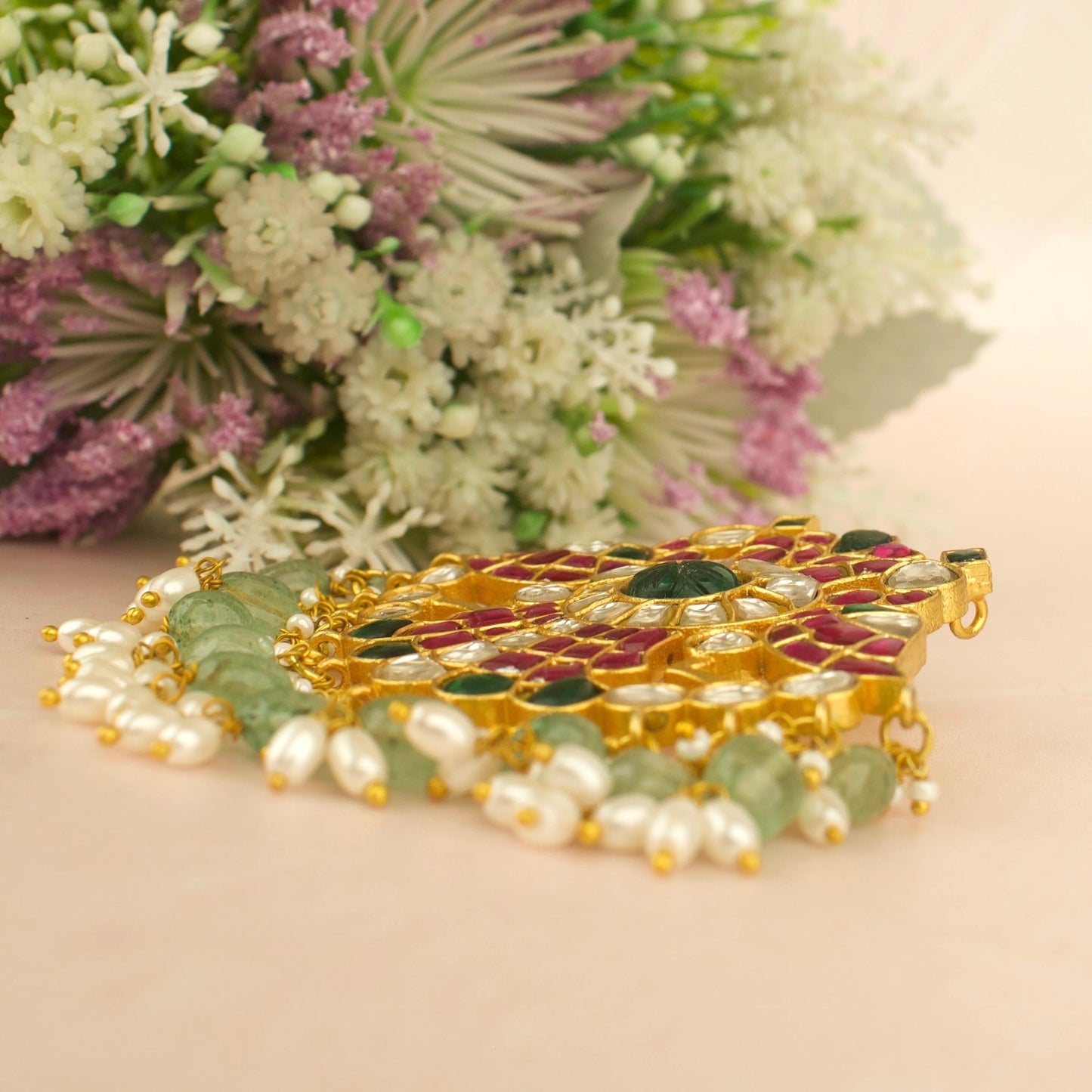 Floral Peacock Design Jadau Kundan Locket with Green Beads Hanging