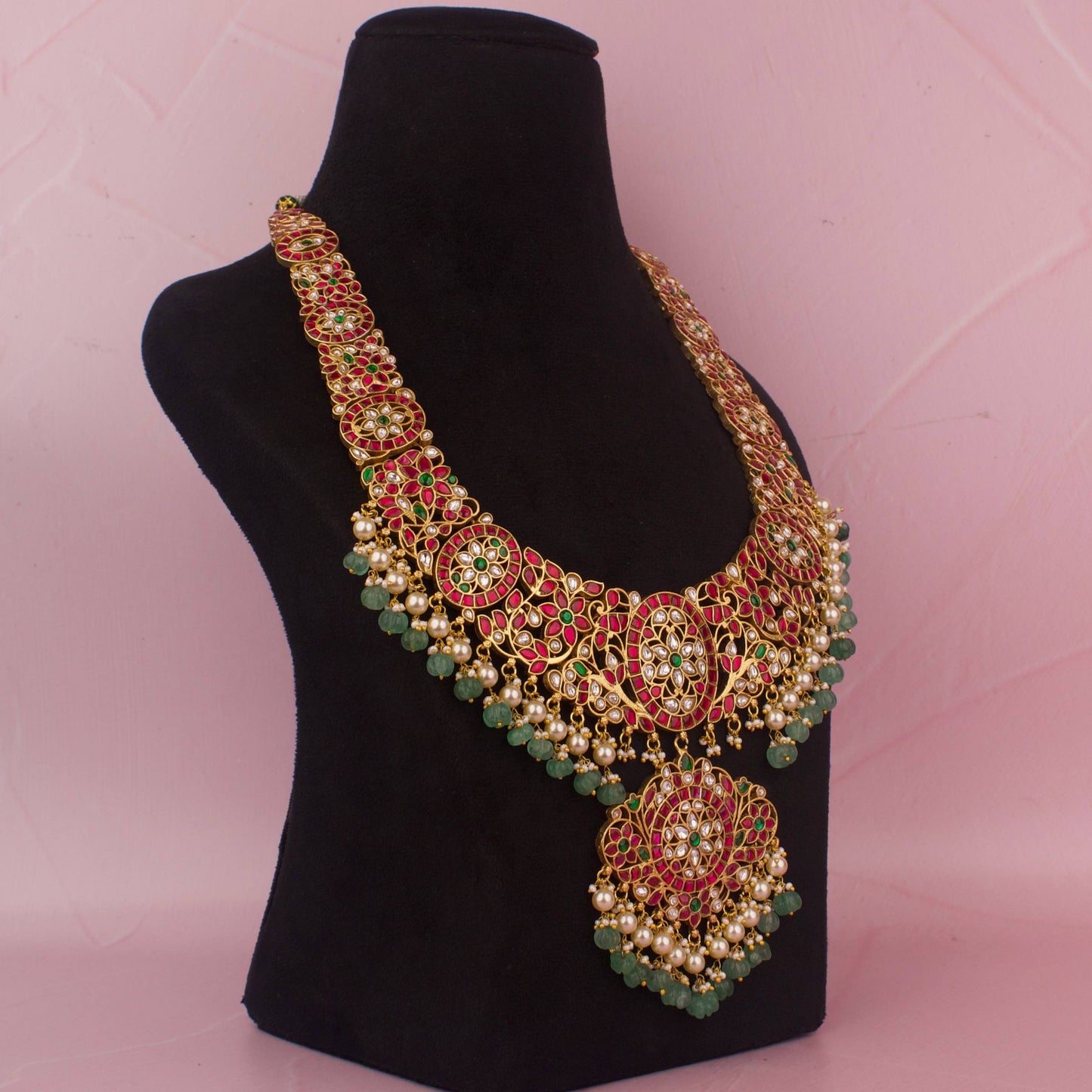 Long Jadau Kundan Bridal Necklace With Pearl & Beads Hangings