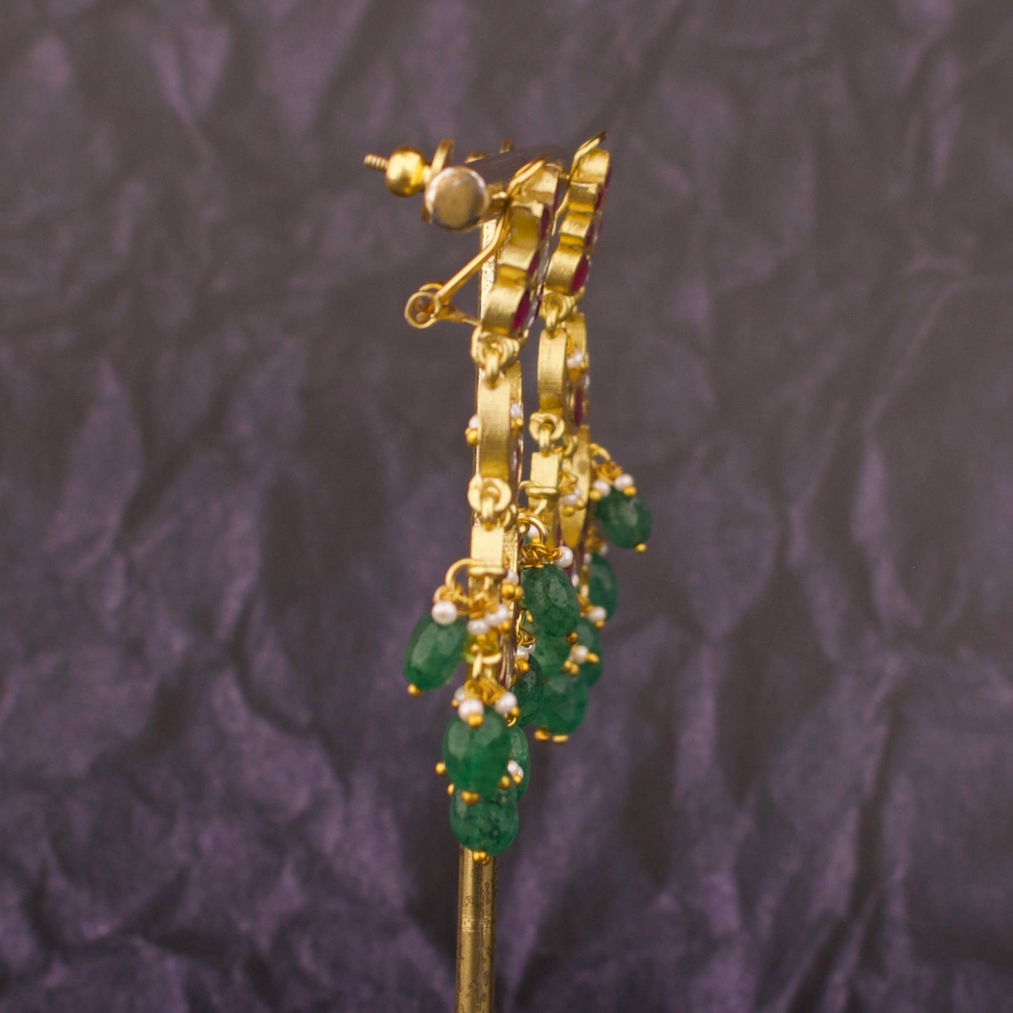 Gold Finish Jadau Kundan Chandbali Earrings With Emerald Drops